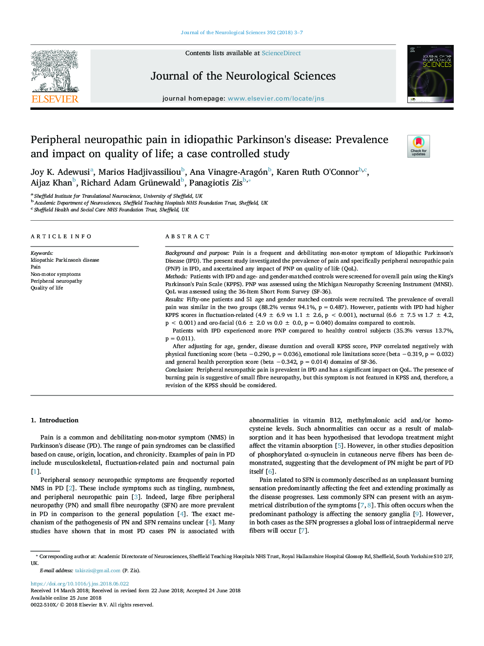 Peripheral neuropathic pain in idiopathic Parkinson's disease: Prevalence and impact on quality of life; a case controlled study