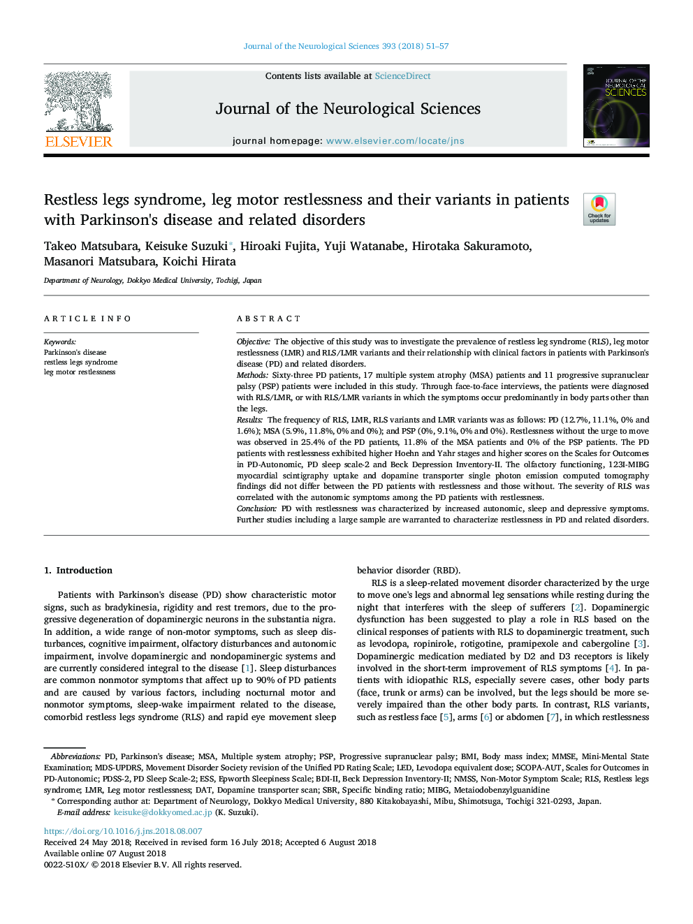 Restless legs syndrome, leg motor restlessness and their variants in patients with Parkinson's disease and related disorders