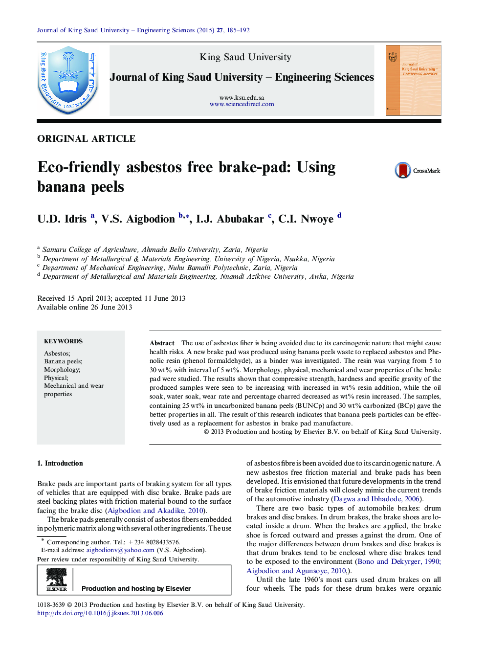 Eco-friendly asbestos free brake-pad: Using banana peels 