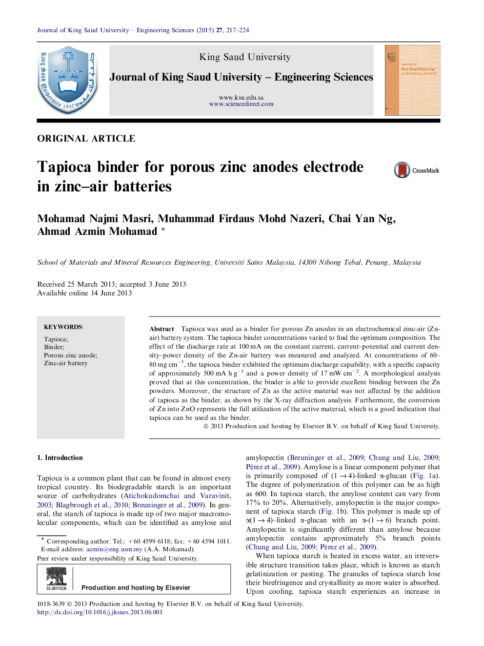 Tapioca binder for porous zinc anodes electrode in zinc–air batteries 