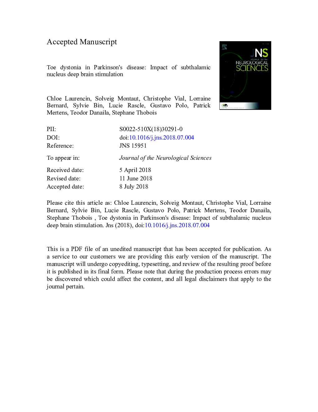 Toe dystonia in Parkinson's disease: Impact of subthalamic nucleus deep brain stimulation