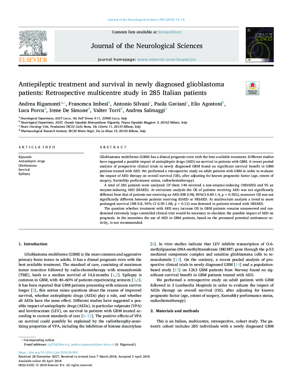 درمان ضد پوسیدگی و بقای آن در بیماران مبتلا به گلیوبلاستوما تازه تشخیص داده شده: مطالعه چند مرحله ای یکپارچه در 285 بیمار ایتالیایی 