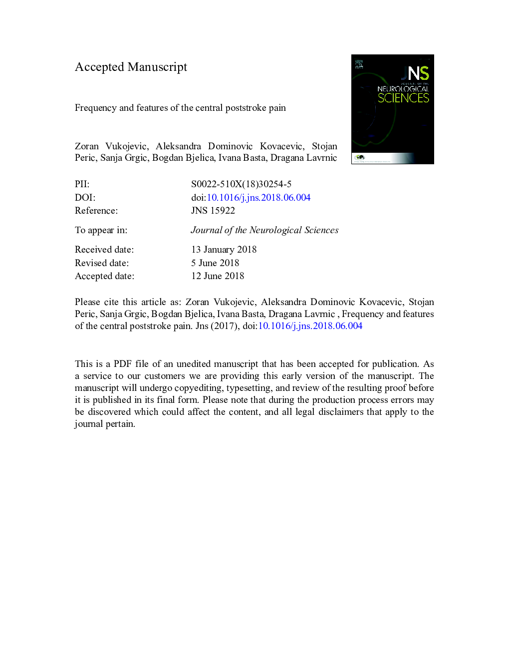 Frequency and features of the central poststroke pain