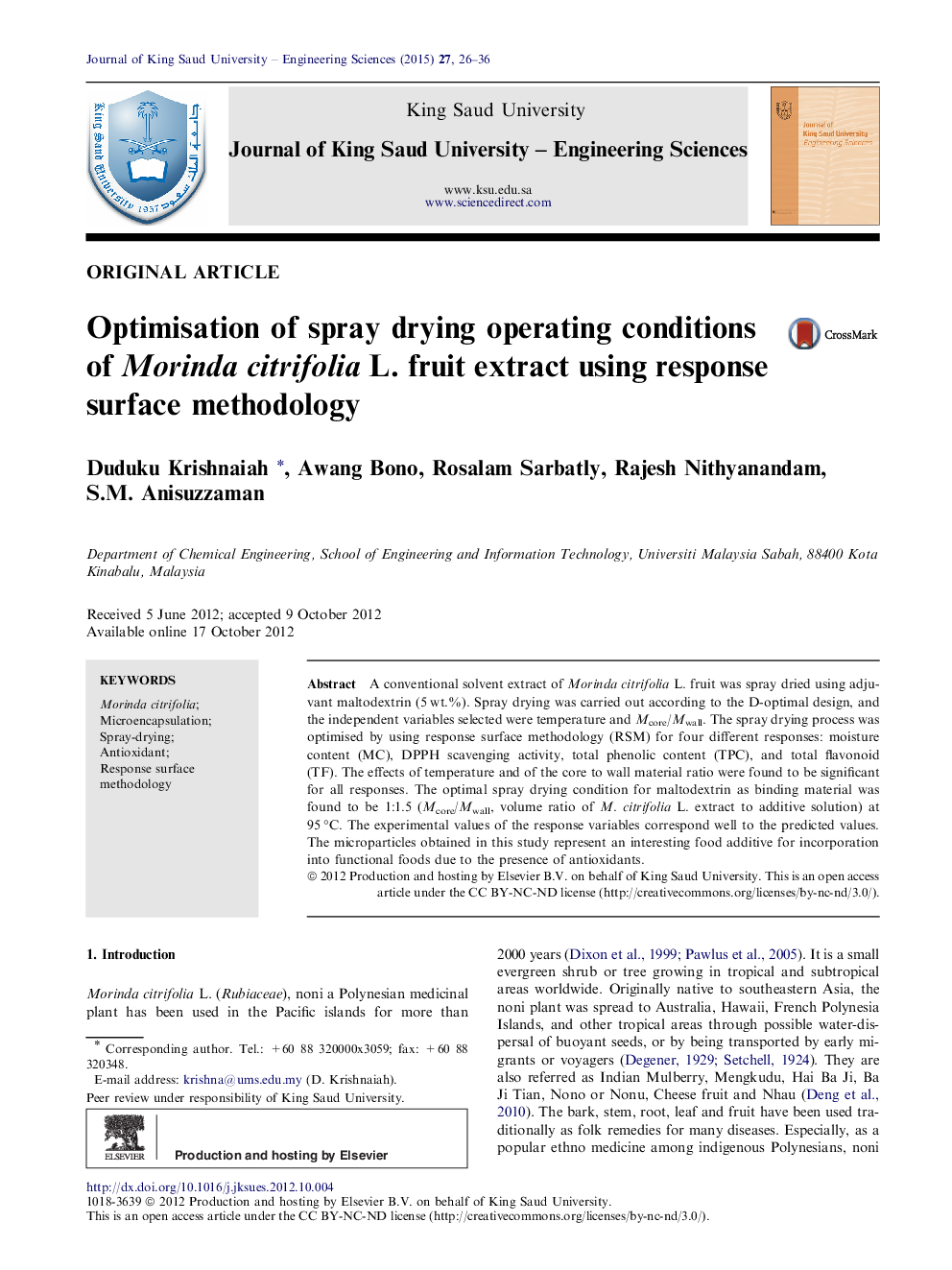 Optimisation of spray drying operating conditions of Morinda citrifolia L. fruit extract using response surface methodology 