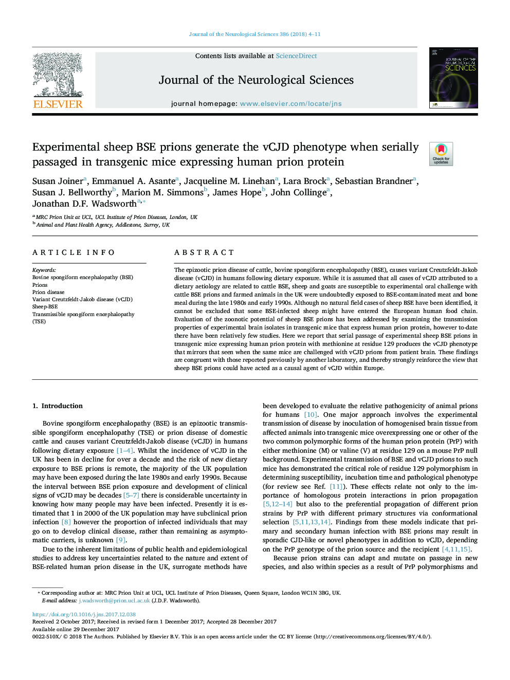 Experimental sheep BSE prions generate the vCJD phenotype when serially passaged in transgenic mice expressing human prion protein