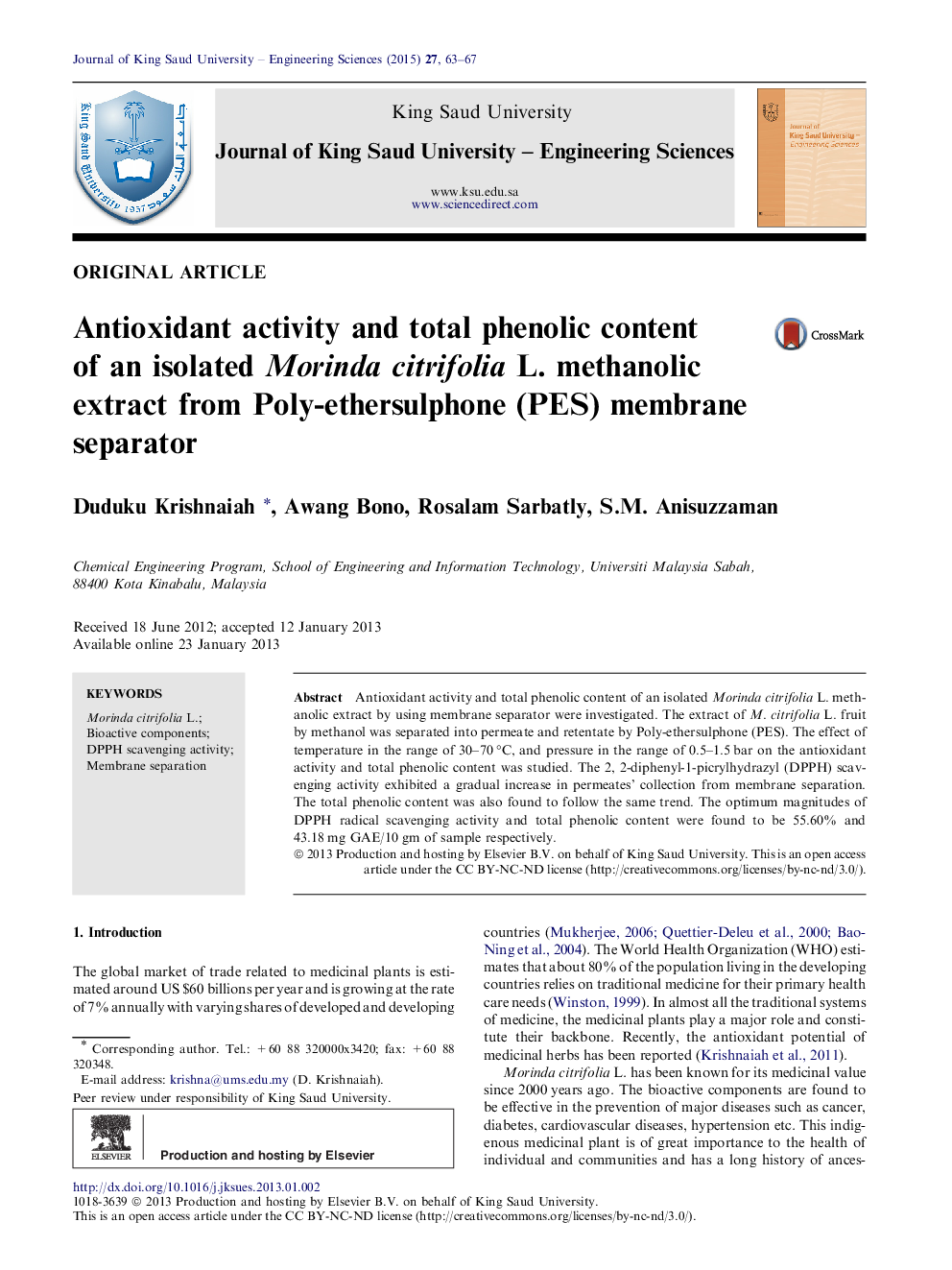 Antioxidant activity and total phenolic content of an isolated Morinda citrifolia L. methanolic extract from Poly-ethersulphone (PES) membrane separator 