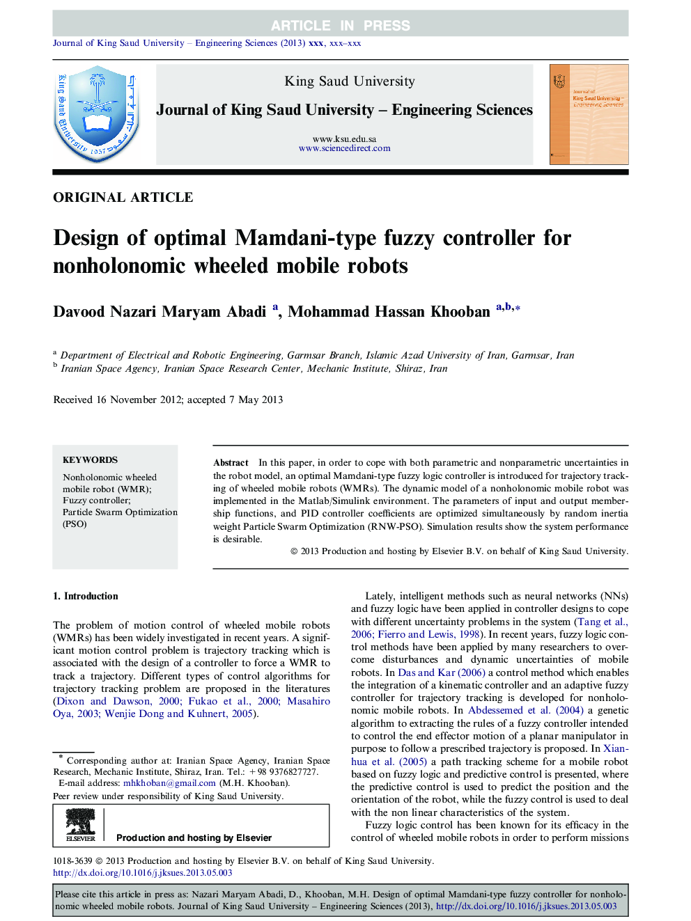 Design of optimal Mamdani-type fuzzy controller for nonholonomic wheeled mobile robots