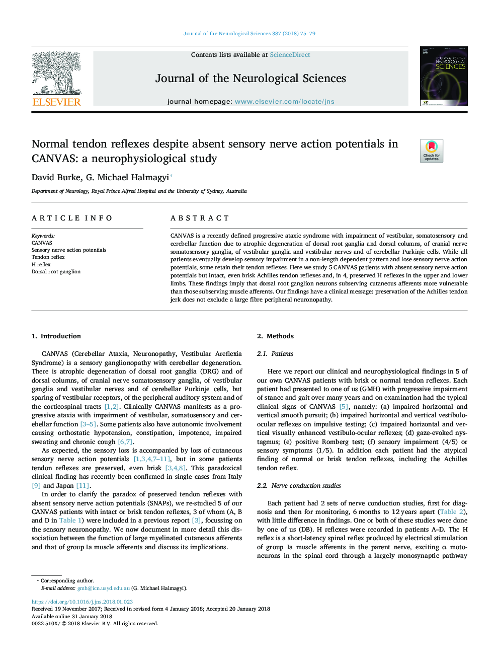 Normal tendon reflexes despite absent sensory nerve action potentials in CANVAS: a neurophysiological study