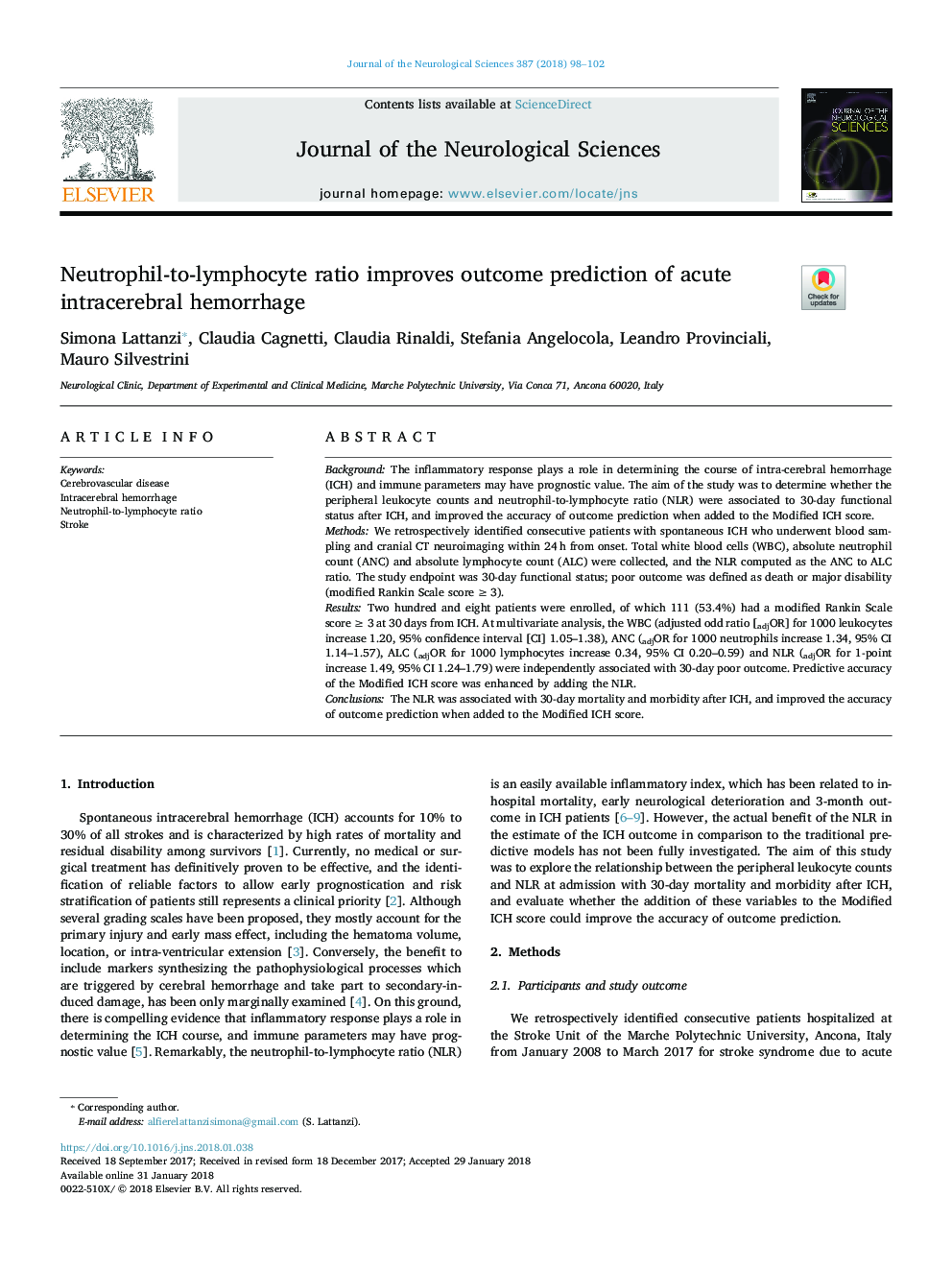 Neutrophil-to-lymphocyte ratio improves outcome prediction of acute intracerebral hemorrhage