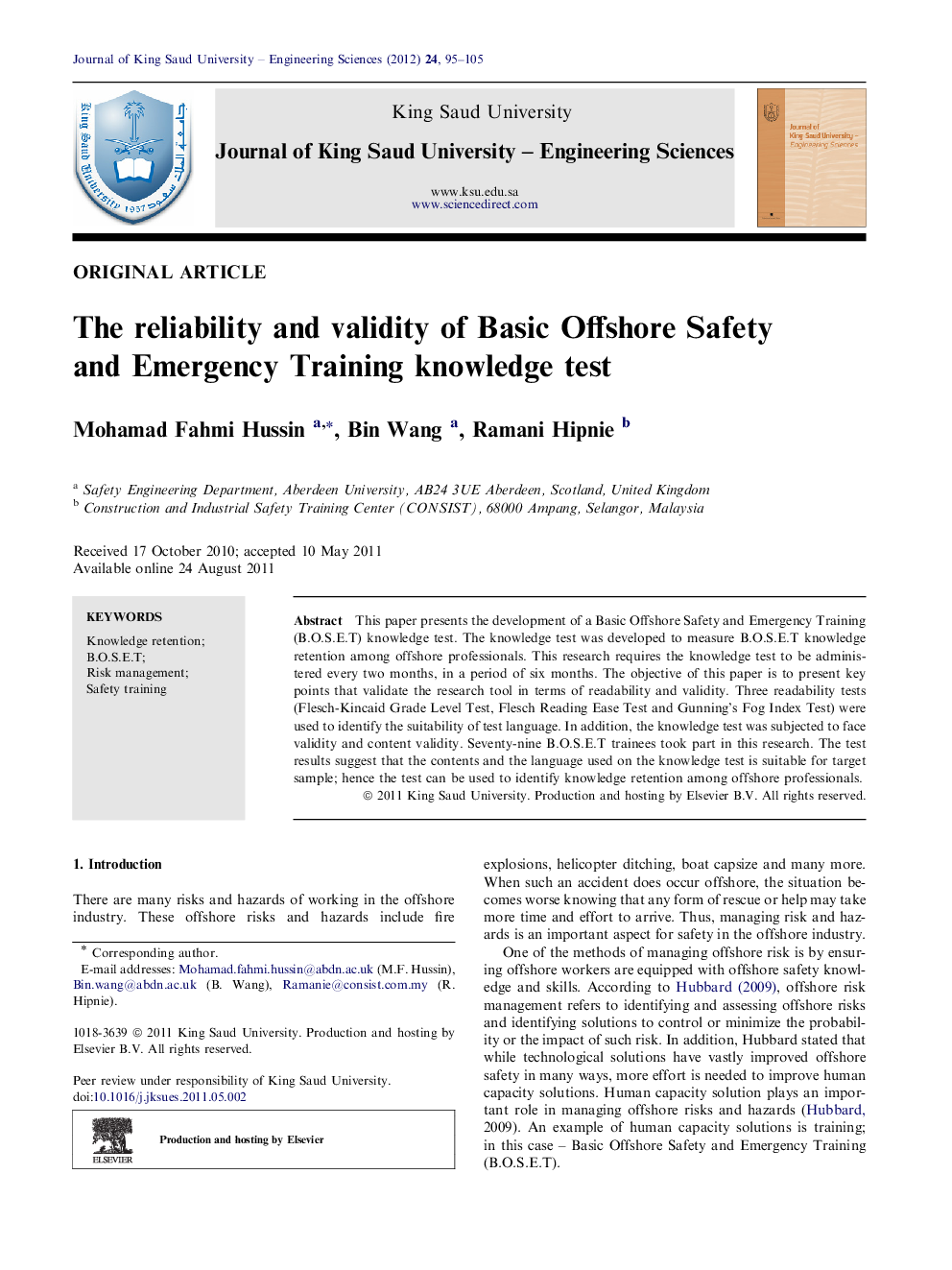 The reliability and validity of Basic Offshore Safety and Emergency Training knowledge test