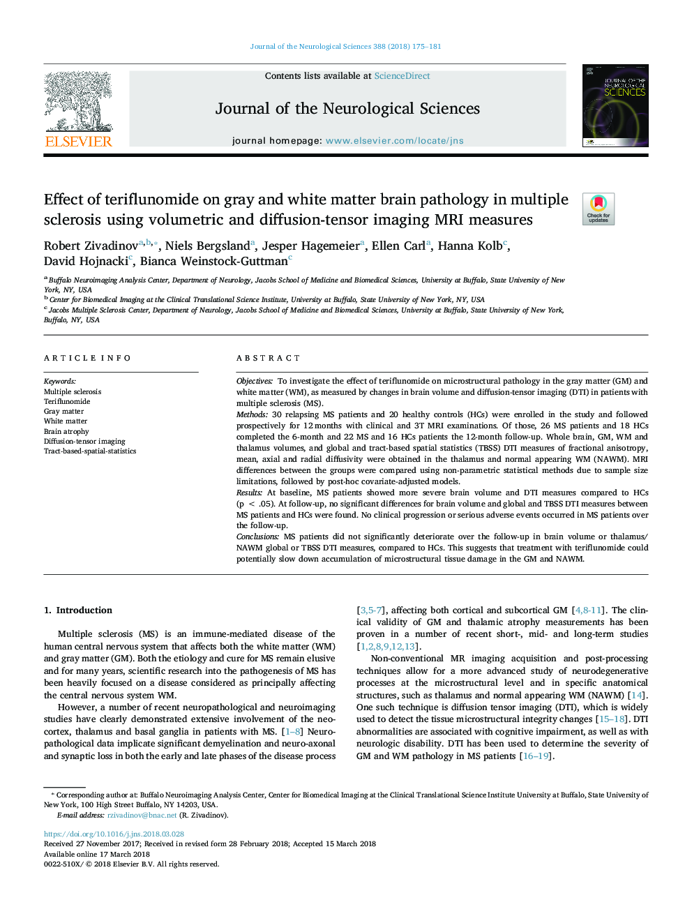 Effect of teriflunomide on gray and white matter brain pathology in multiple sclerosis using volumetric and diffusion-tensor imaging MRI measures