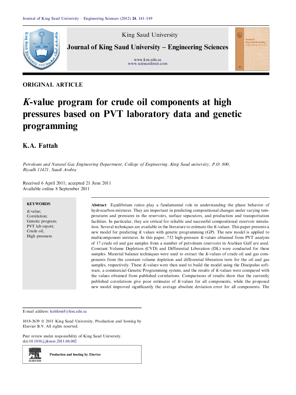 K-value program for crude oil components at high pressures based on PVT laboratory data and genetic programming