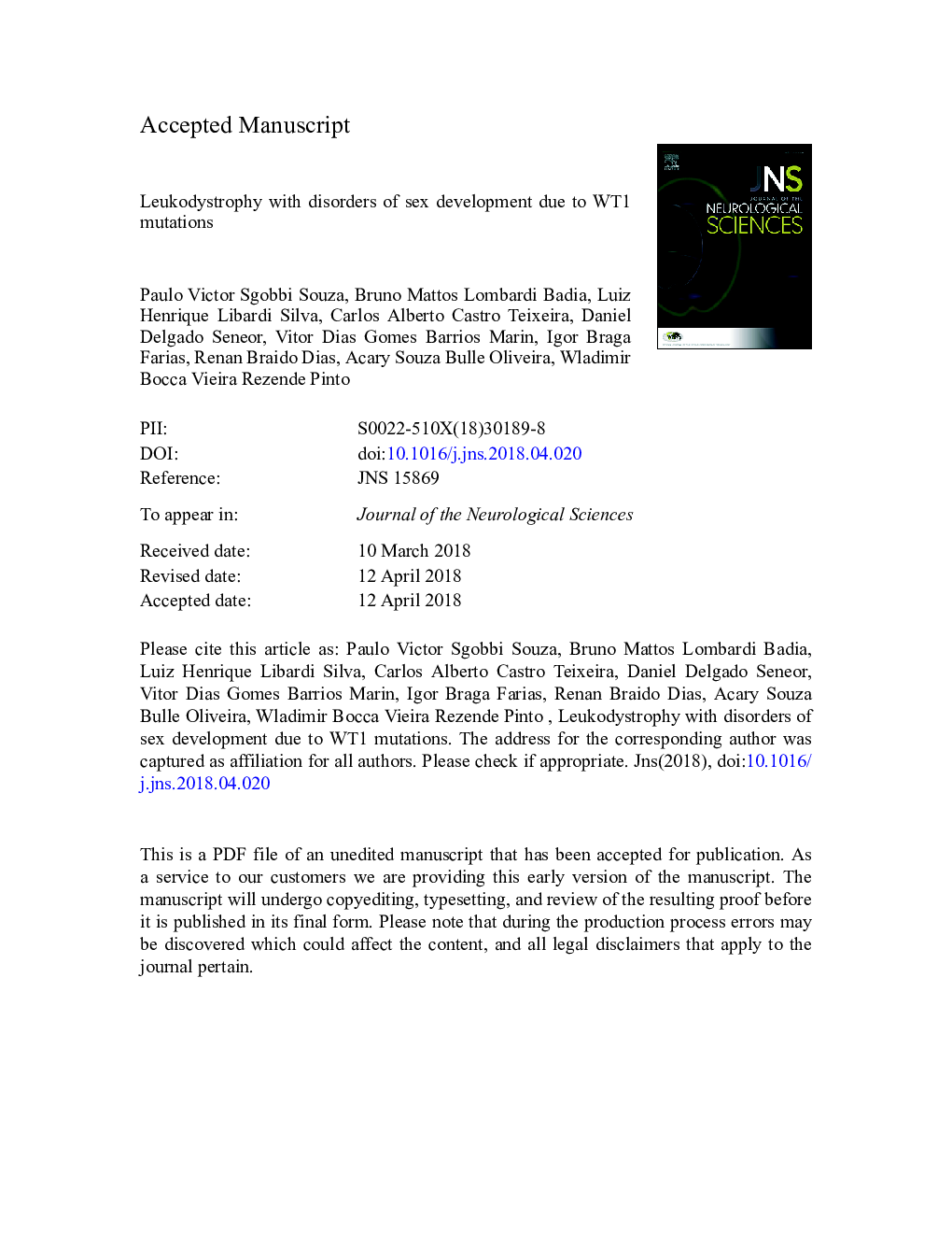 Leukodystrophy with disorders of sex development due to WT1 mutations