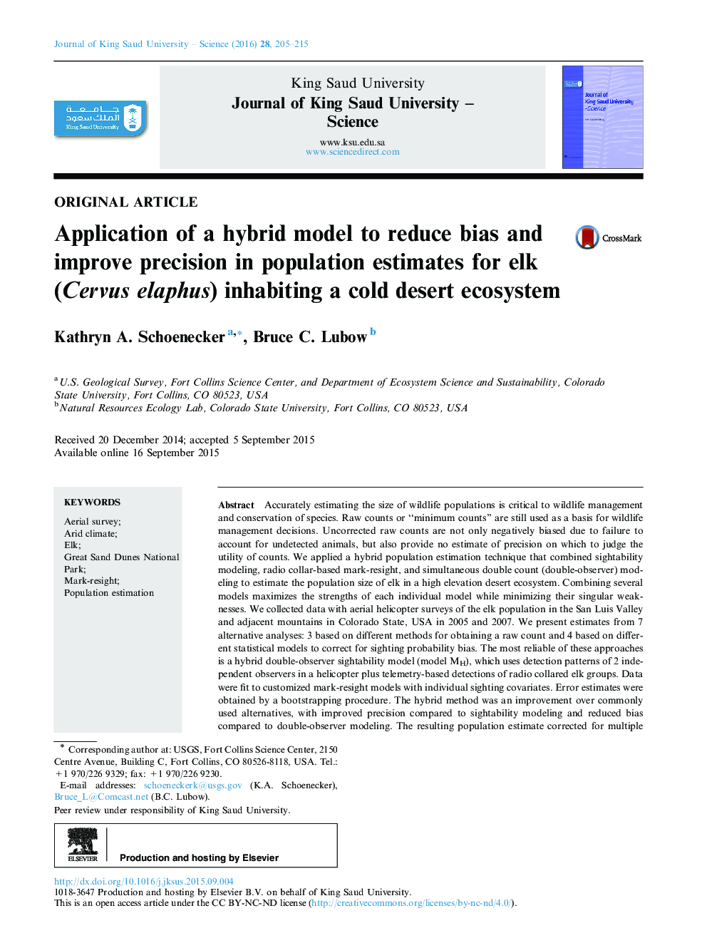 Application of a hybrid model to reduce bias and improve precision in population estimates for elk (Cervus elaphus) inhabiting a cold desert ecosystem 