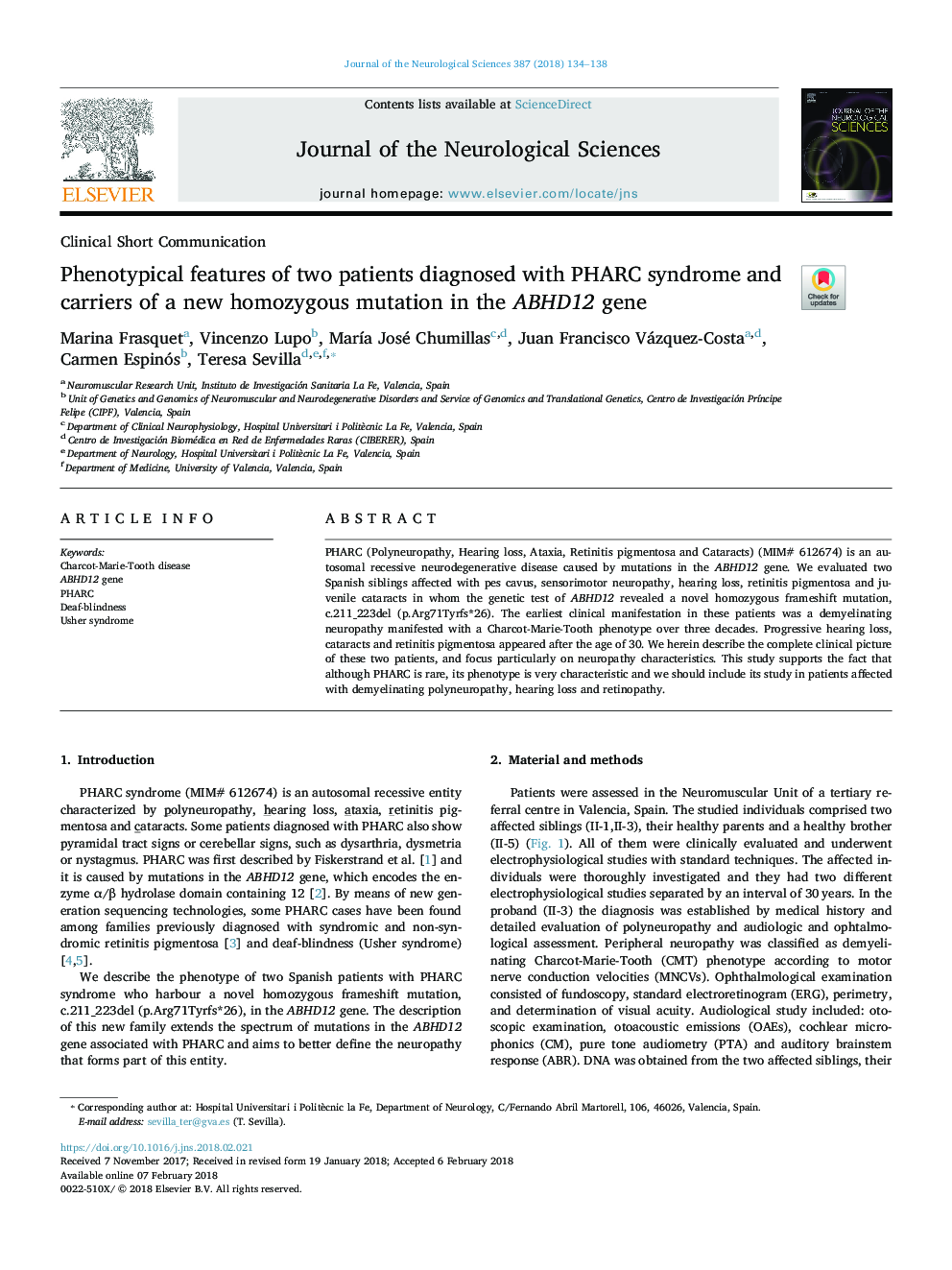 Phenotypical features of two patients diagnosed with PHARC syndrome and carriers of a new homozygous mutation in the ABHD12 gene