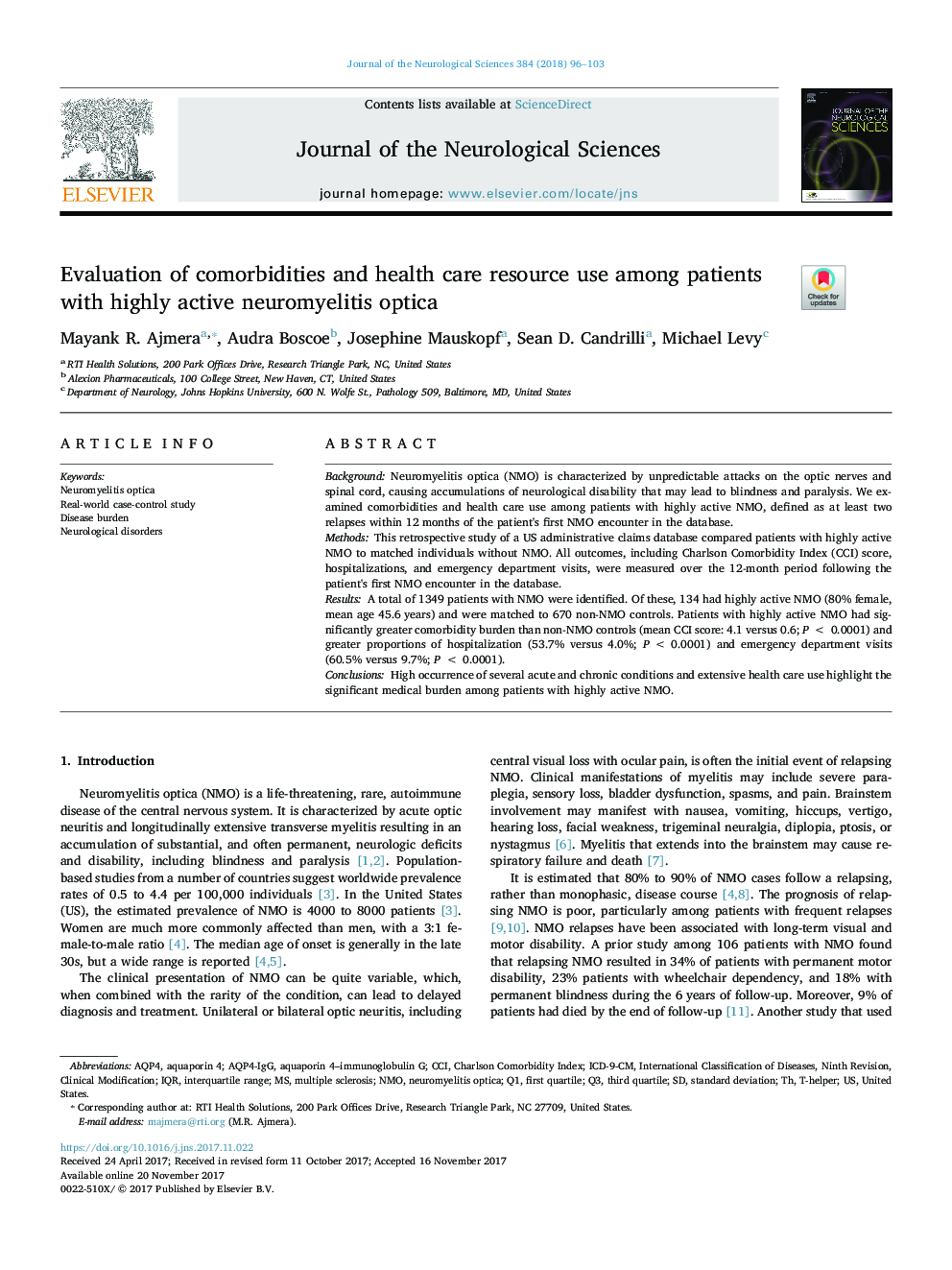 Evaluation of comorbidities and health care resource use among patients with highly active neuromyelitis optica