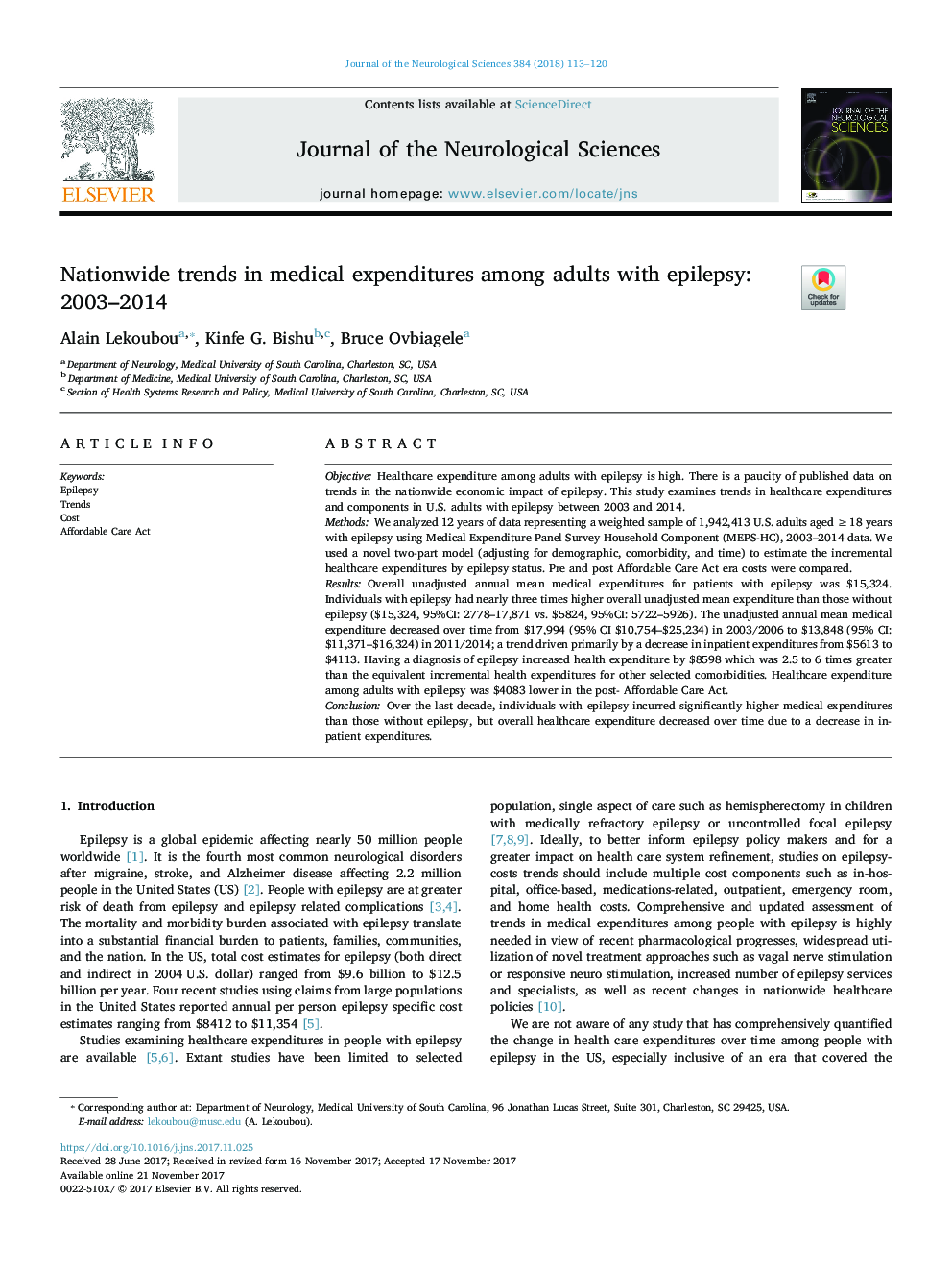 Nationwide trends in medical expenditures among adults with epilepsy: 2003-2014