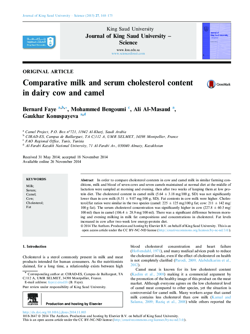 Comparative milk and serum cholesterol content in dairy cow and camel 