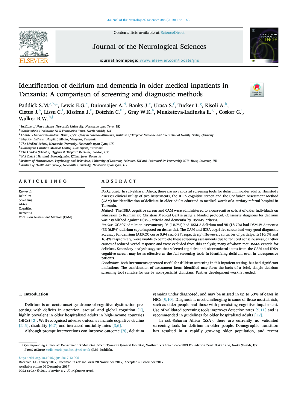 Identification of delirium and dementia in older medical inpatients in Tanzania: A comparison of screening and diagnostic methods