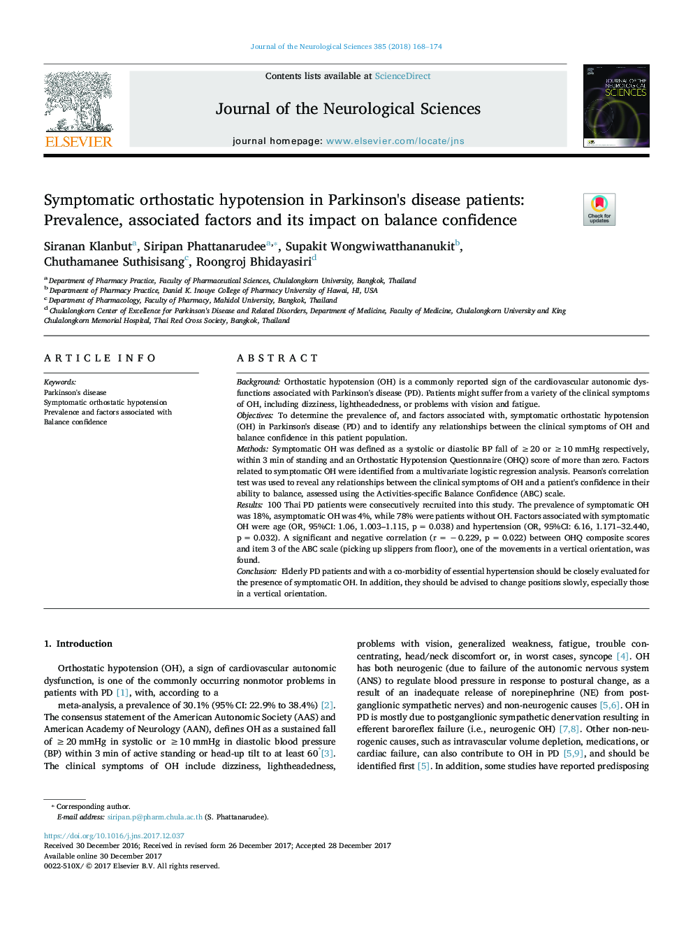 Symptomatic orthostatic hypotension in Parkinson's disease patients: Prevalence, associated factors and its impact on balance confidence