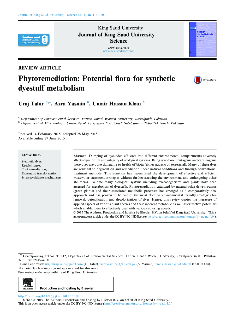 Phytoremediation: Potential flora for synthetic dyestuff metabolism 