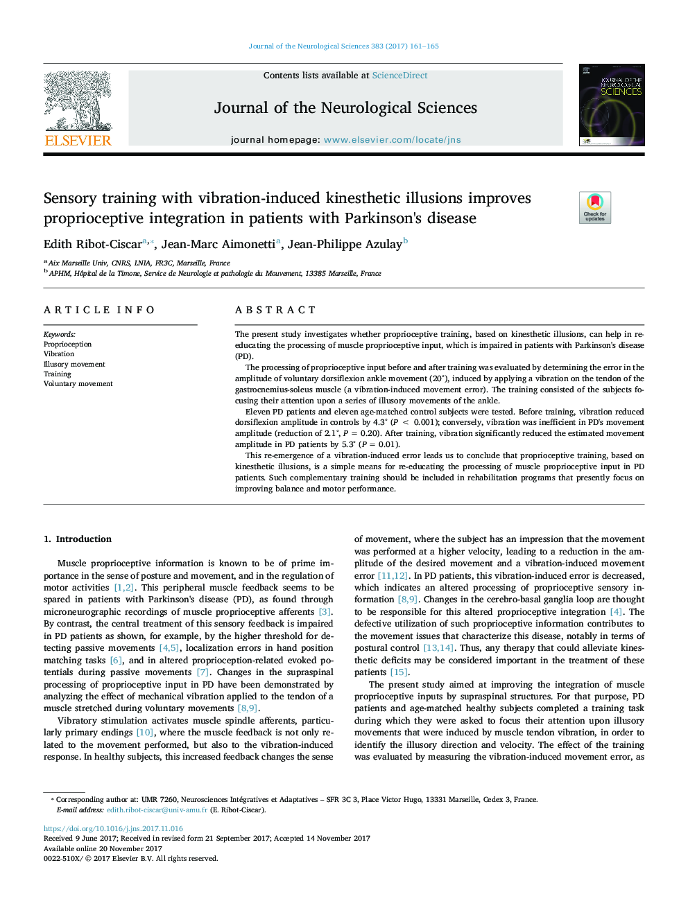 Sensory training with vibration-induced kinesthetic illusions improves proprioceptive integration in patients with Parkinson's disease