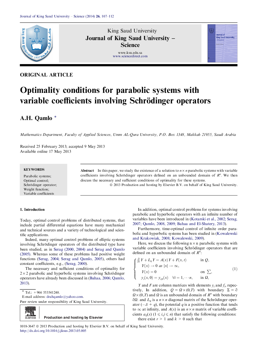 Optimality conditions for parabolic systems with variable coefficients involving Schrödinger operators 