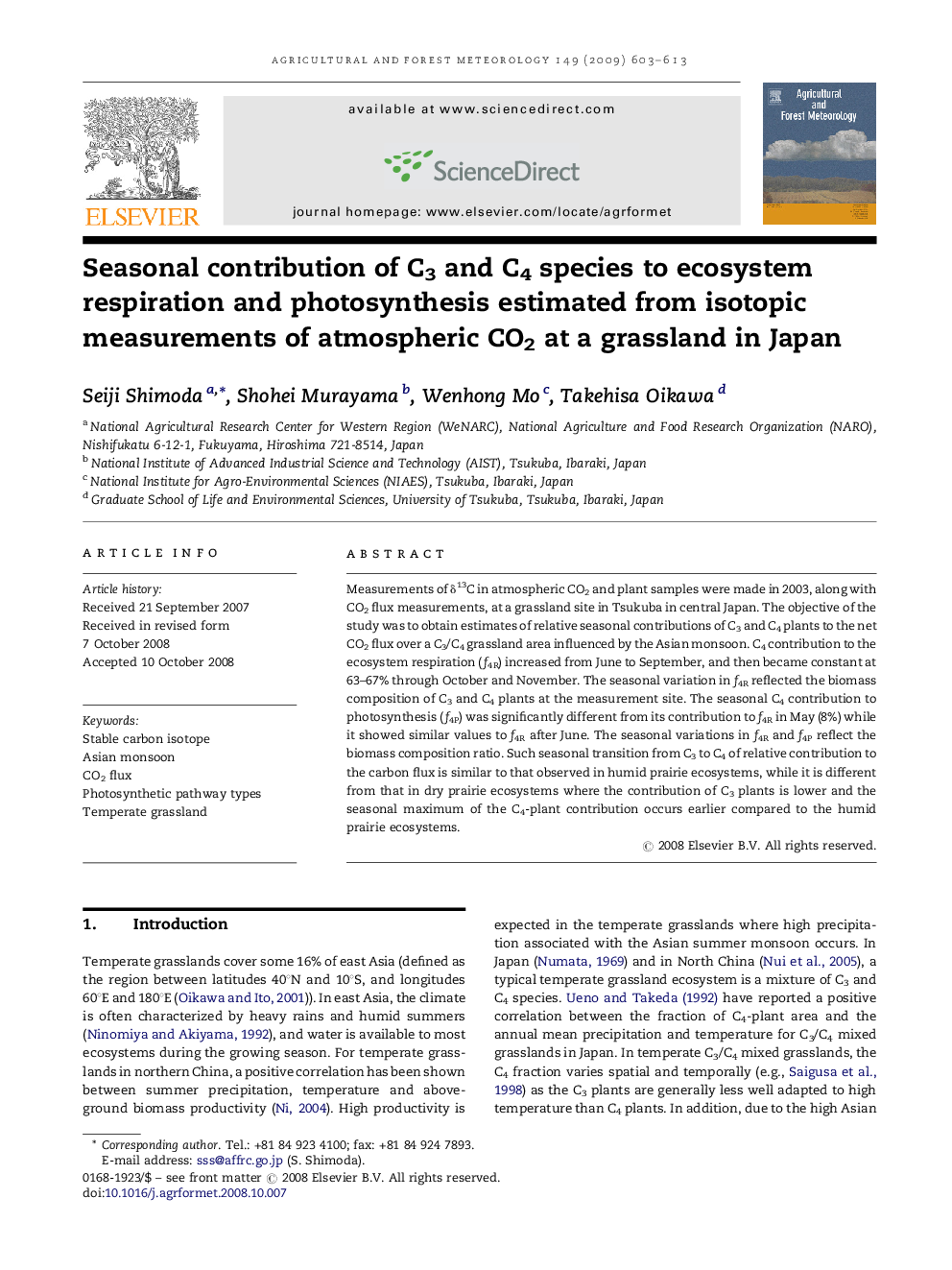 Seasonal contribution of C3 and C4 species to ecosystem respiration and photosynthesis estimated from isotopic measurements of atmospheric CO2 at a grassland in Japan