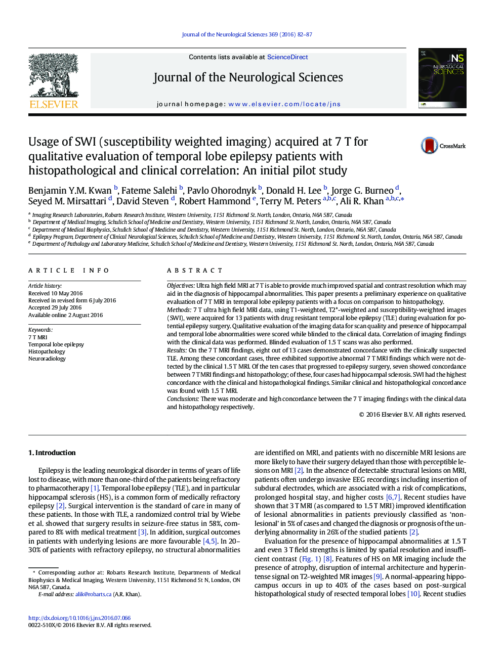 Usage of SWI (susceptibility weighted imaging) acquired at 7Â T for qualitative evaluation of temporal lobe epilepsy patients with histopathological and clinical correlation: An initial pilot study