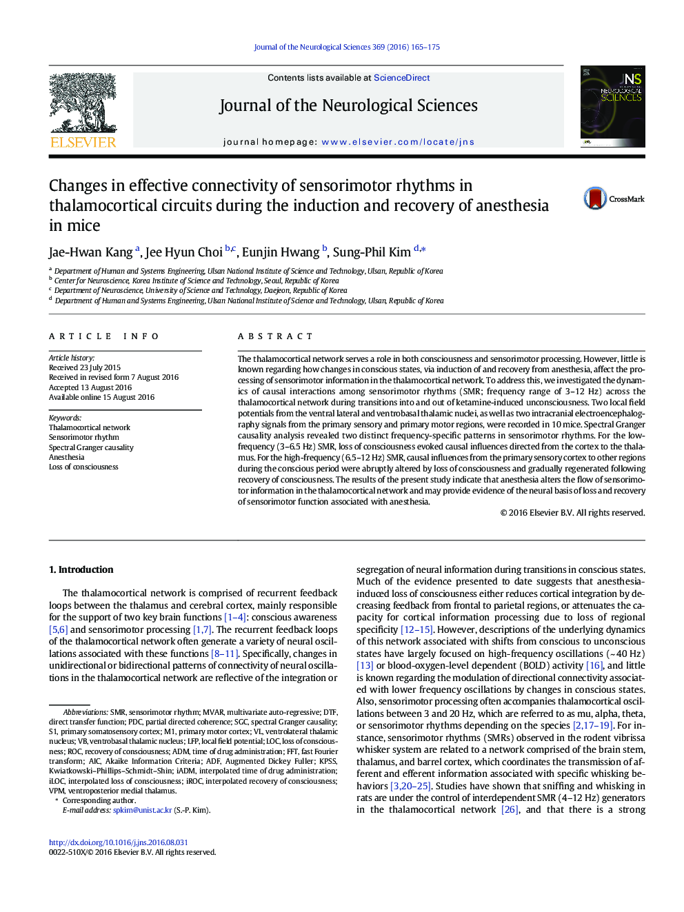 Changes in effective connectivity of sensorimotor rhythms in thalamocortical circuits during the induction and recovery of anesthesia in mice