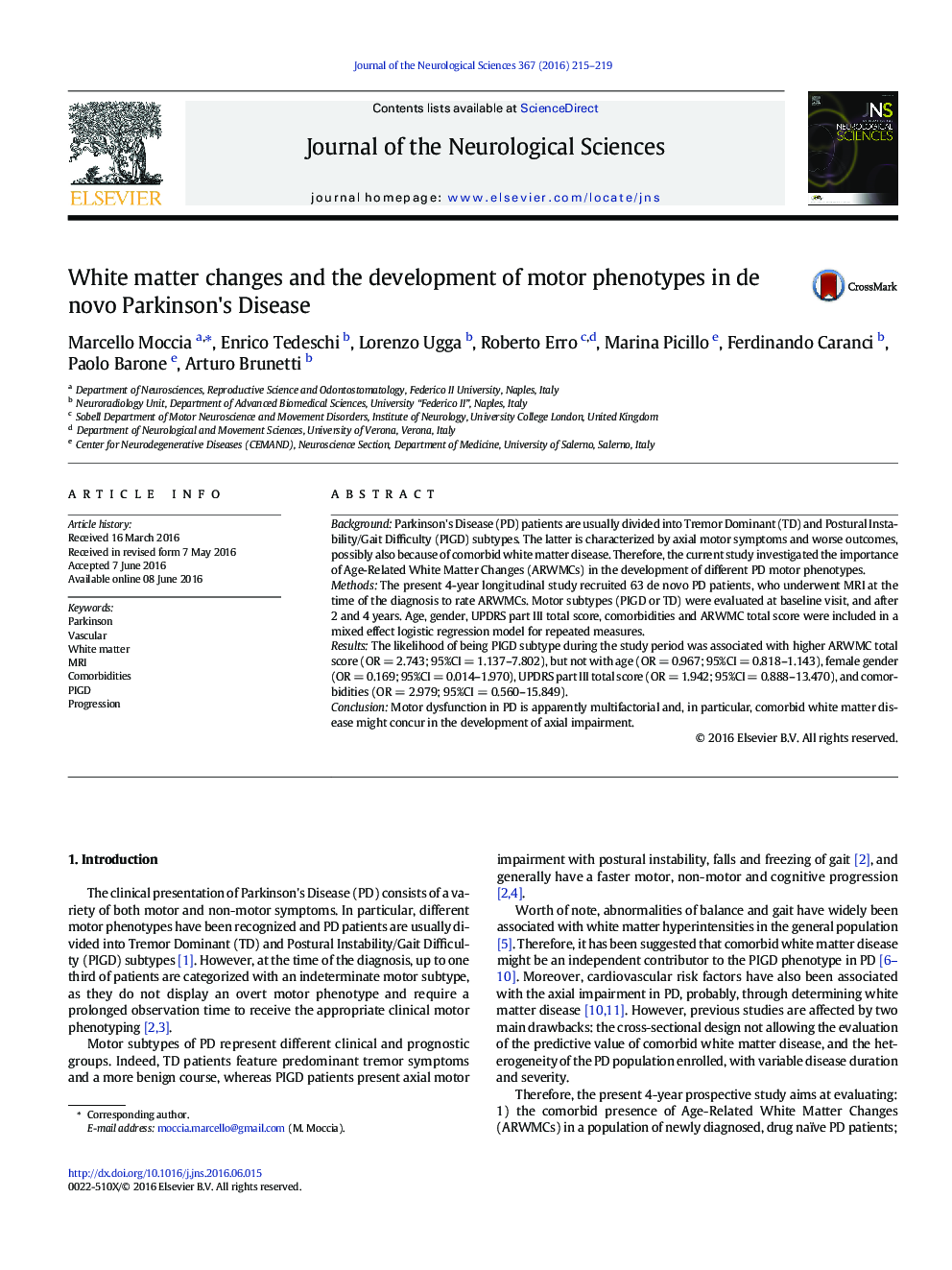 White matter changes and the development of motor phenotypes in de novo Parkinson's Disease