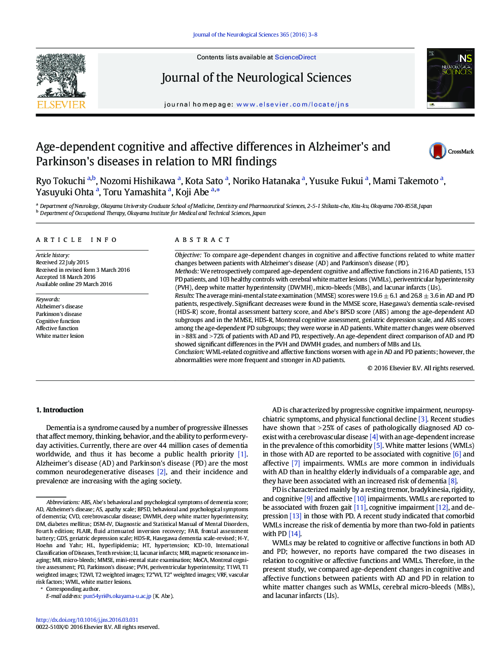 Age-dependent cognitive and affective differences in Alzheimer's and Parkinson's diseases in relation to MRI findings