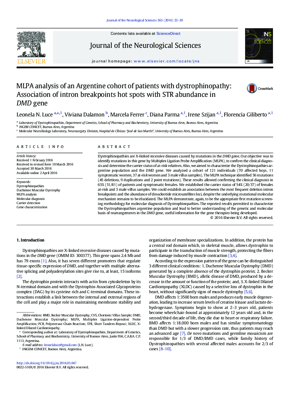 MLPA analysis of an Argentine cohort of patients with dystrophinopathy: Association of intron breakpoints hot spots with STR abundance in DMD gene