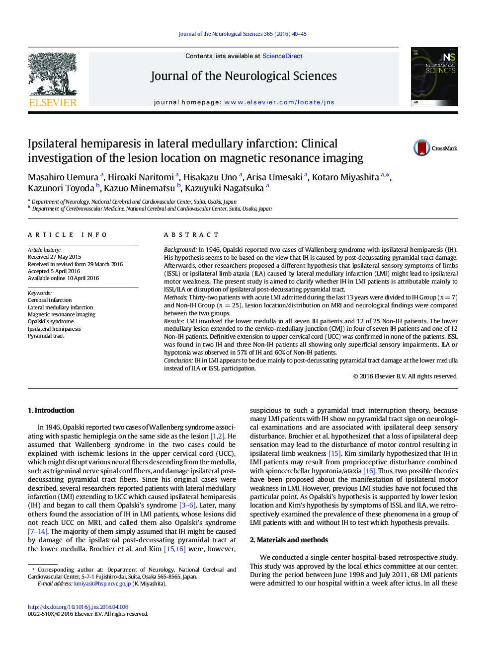 Ipsilateral hemiparesis in lateral medullary infarction: Clinical investigation of the lesion location on magnetic resonance imaging