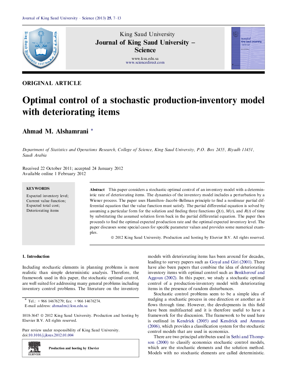 Optimal control of a stochastic production-inventory model with deteriorating items 