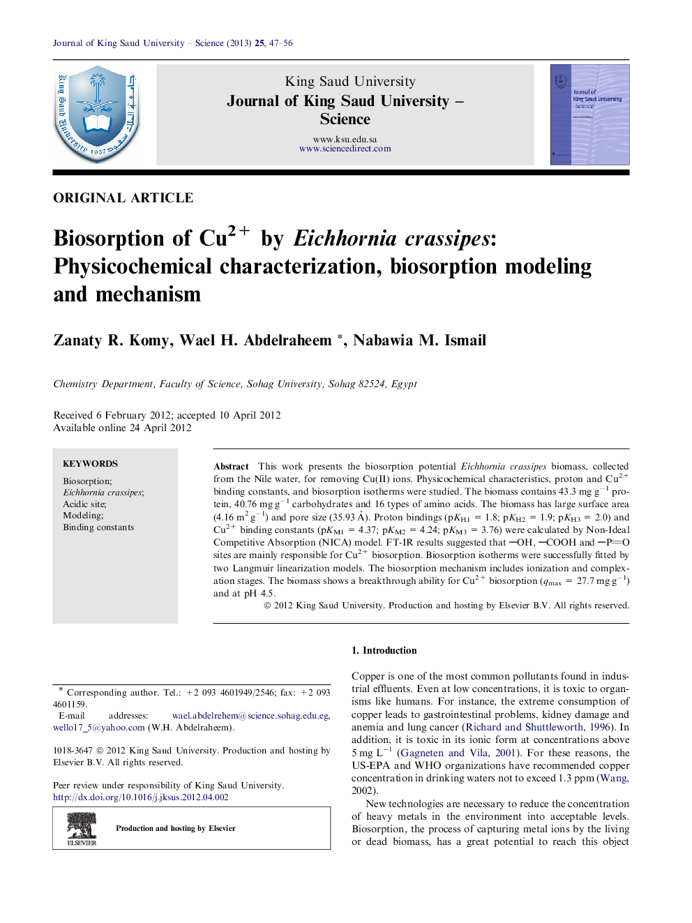 Biosorption of Cu2+ by Eichhornia crassipes: Physicochemical characterization, biosorption modeling and mechanism 