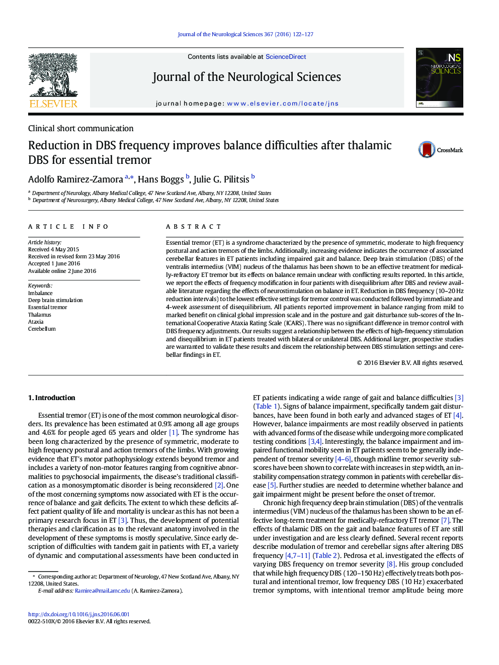 Reduction in DBS frequency improves balance difficulties after thalamic DBS for essential tremor