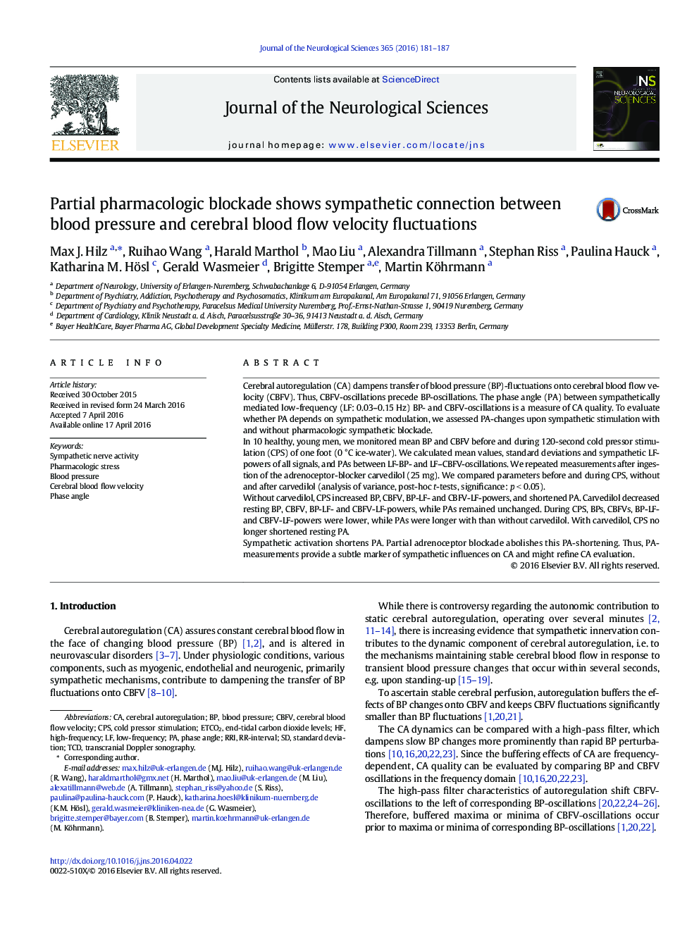 Partial pharmacologic blockade shows sympathetic connection between blood pressure and cerebral blood flow velocity fluctuations