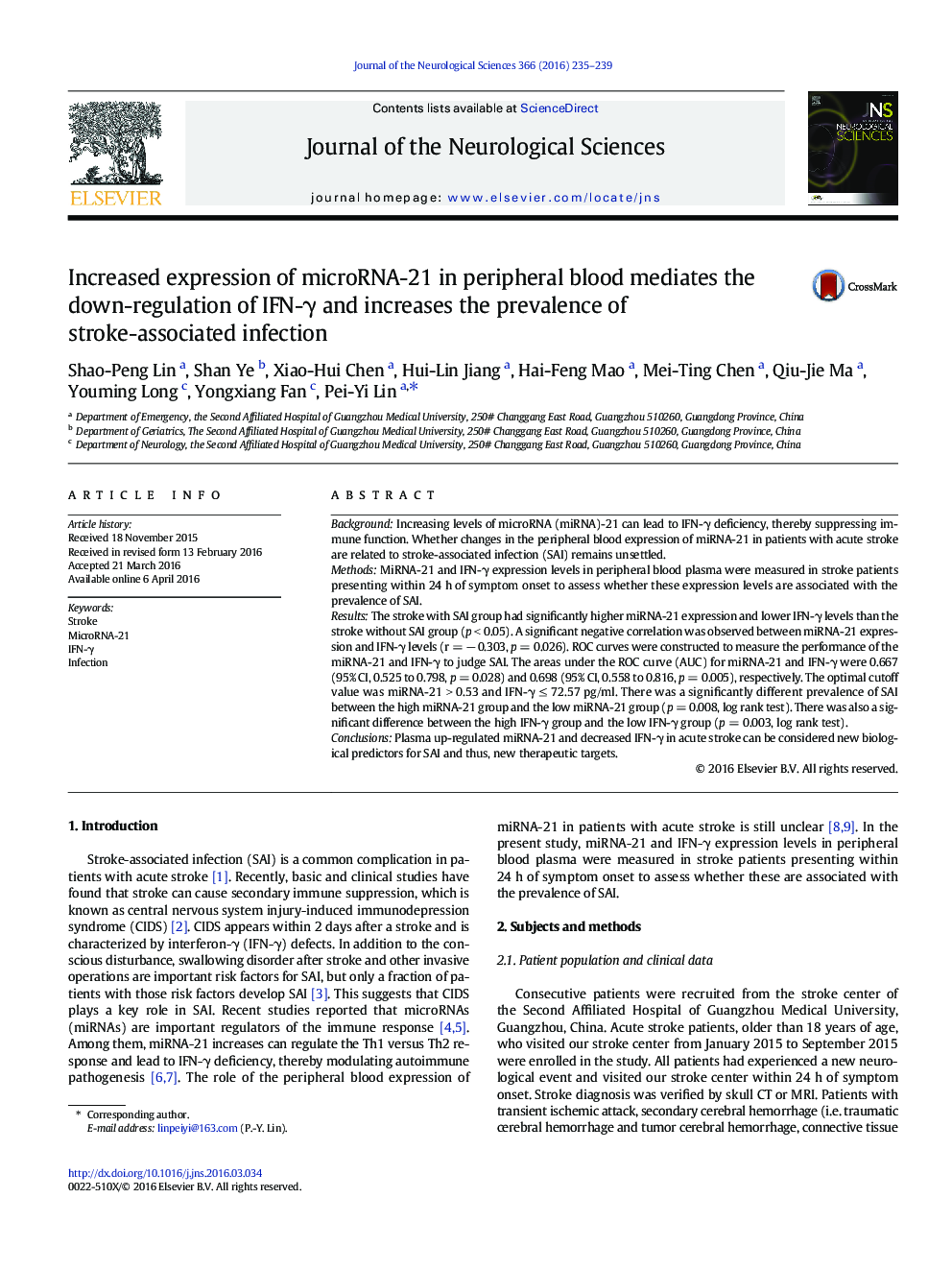 Increased expression of microRNA-21 in peripheral blood mediates the down-regulation of IFN-Î³ and increases the prevalence of stroke-associated infection