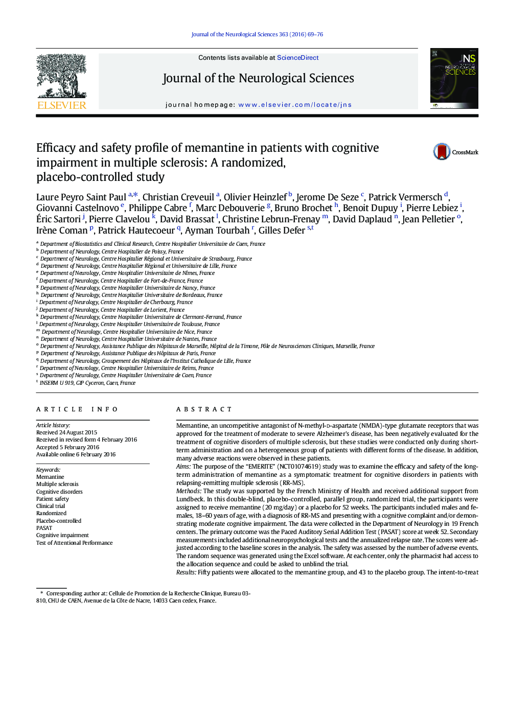 Efficacy and safety profile of memantine in patients with cognitive impairment in multiple sclerosis: A randomized, placebo-controlled study