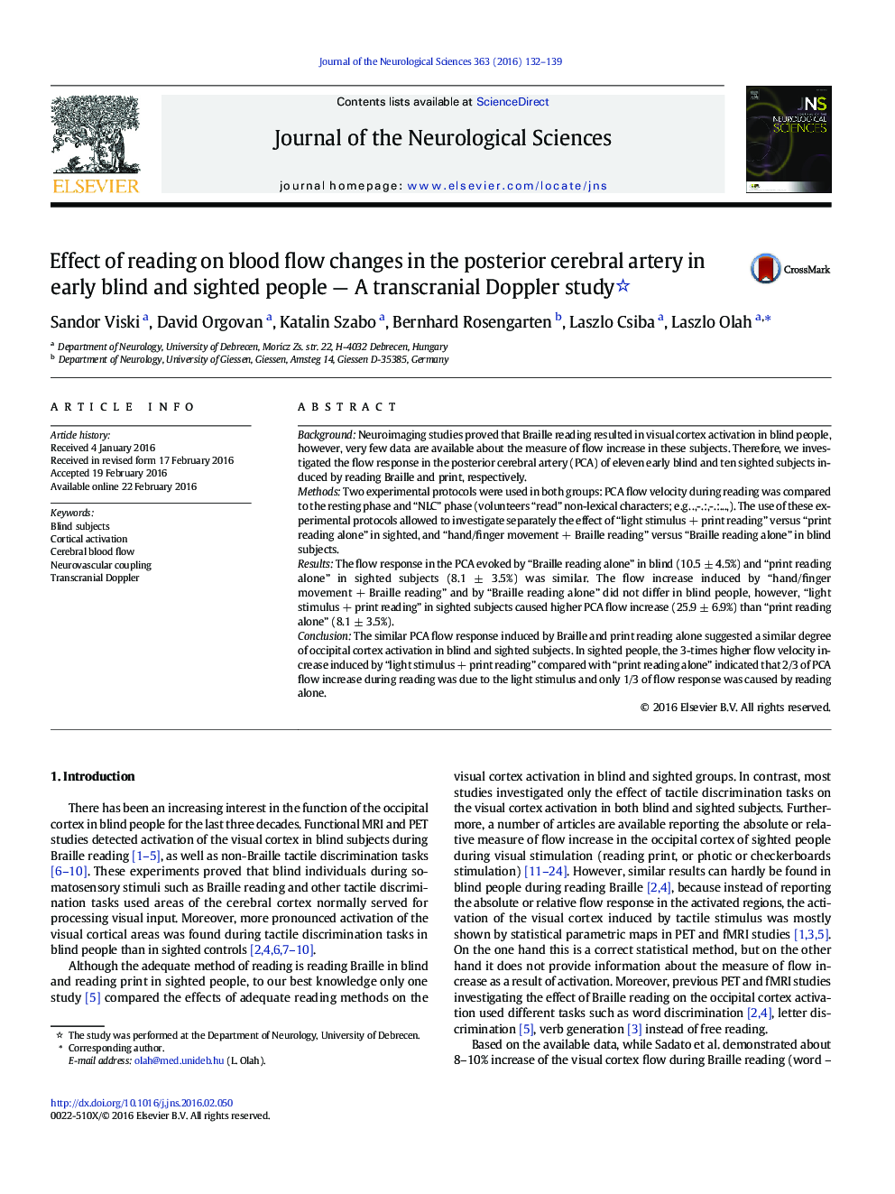 Effect of reading on blood flow changes in the posterior cerebral artery in early blind and sighted people - A transcranial Doppler study