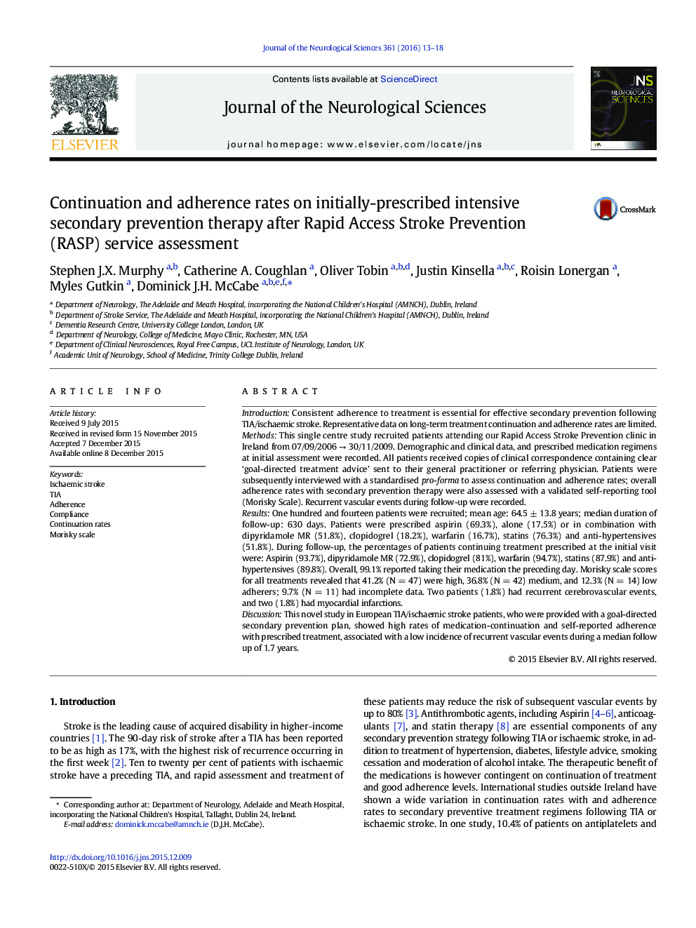 Continuation and adherence rates on initially-prescribed intensive secondary prevention therapy after Rapid Access Stroke Prevention (RASP) service assessment