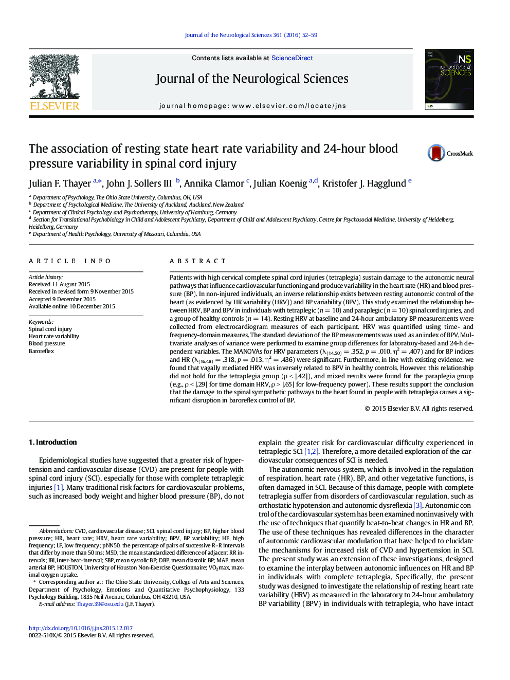 The association of resting state heart rate variability and 24-hour blood pressure variability in spinal cord injury