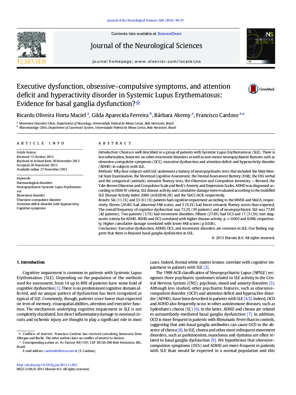 Executive dysfunction, obsessive-compulsive symptoms, and attention deficit and hyperactivity disorder in Systemic Lupus Erythematosus: Evidence for basal ganglia dysfunction?