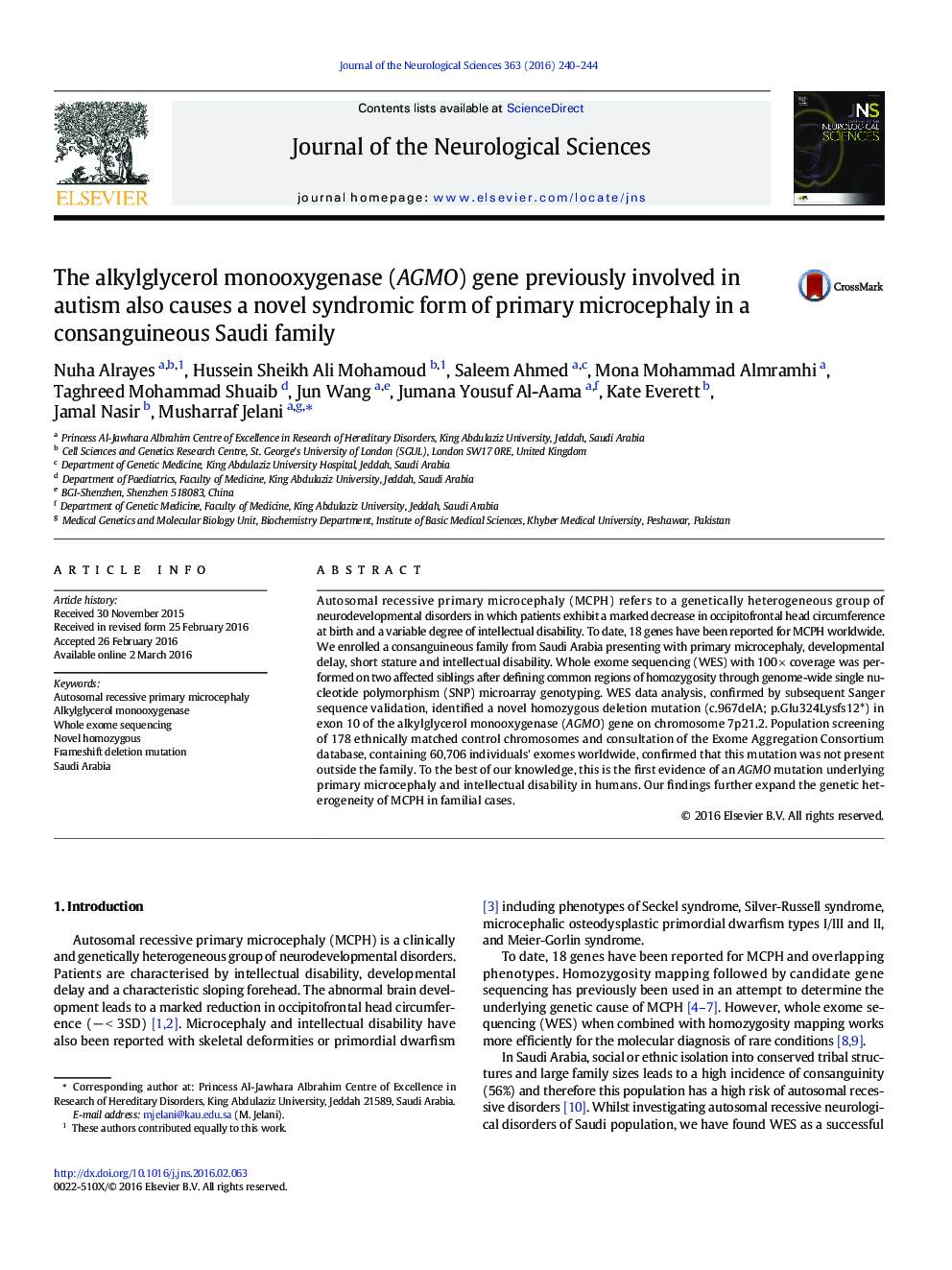 The alkylglycerol monooxygenase (AGMO) gene previously involved in autism also causes a novel syndromic form of primary microcephaly in a consanguineous Saudi family