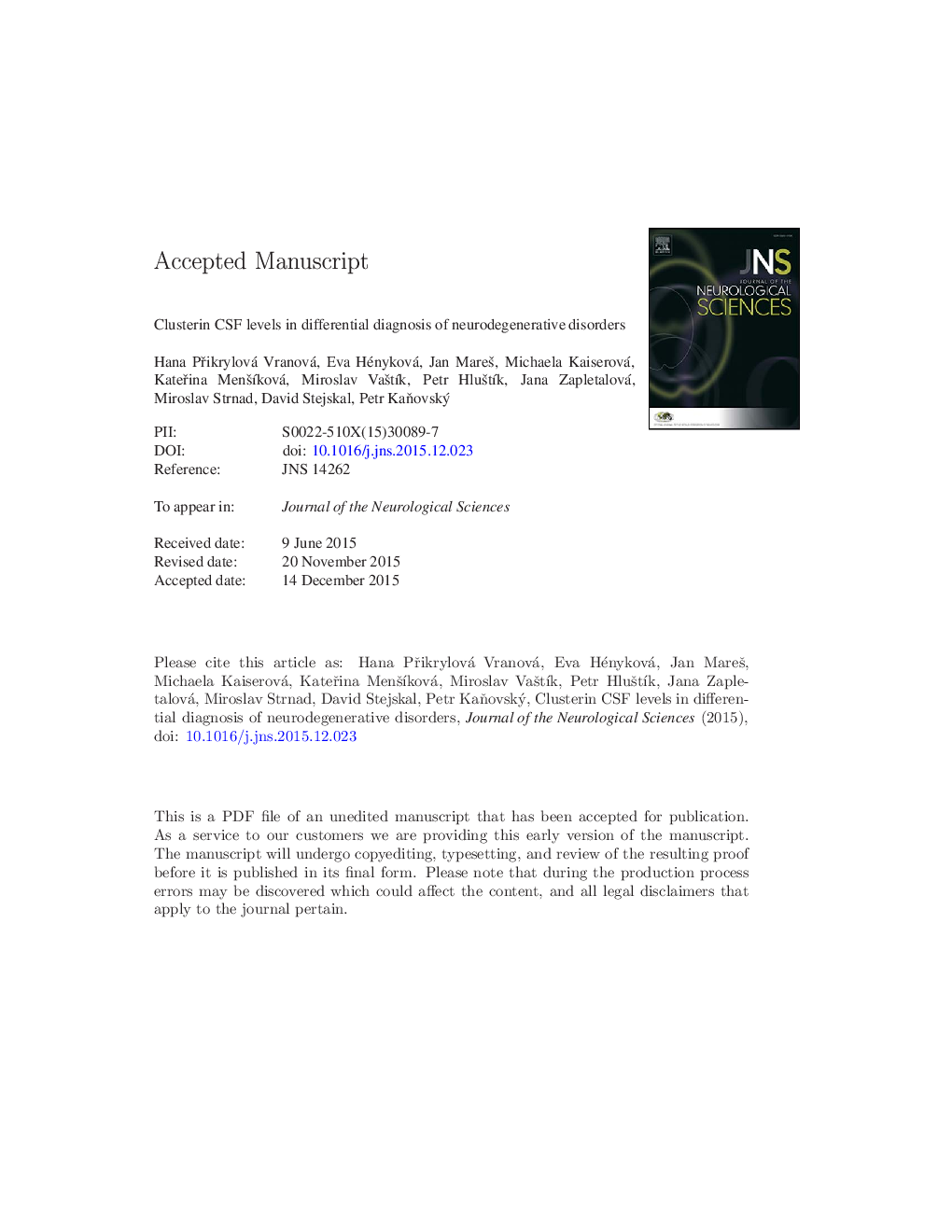 Clusterin CSF levels in differential diagnosis of neurodegenerative disorders