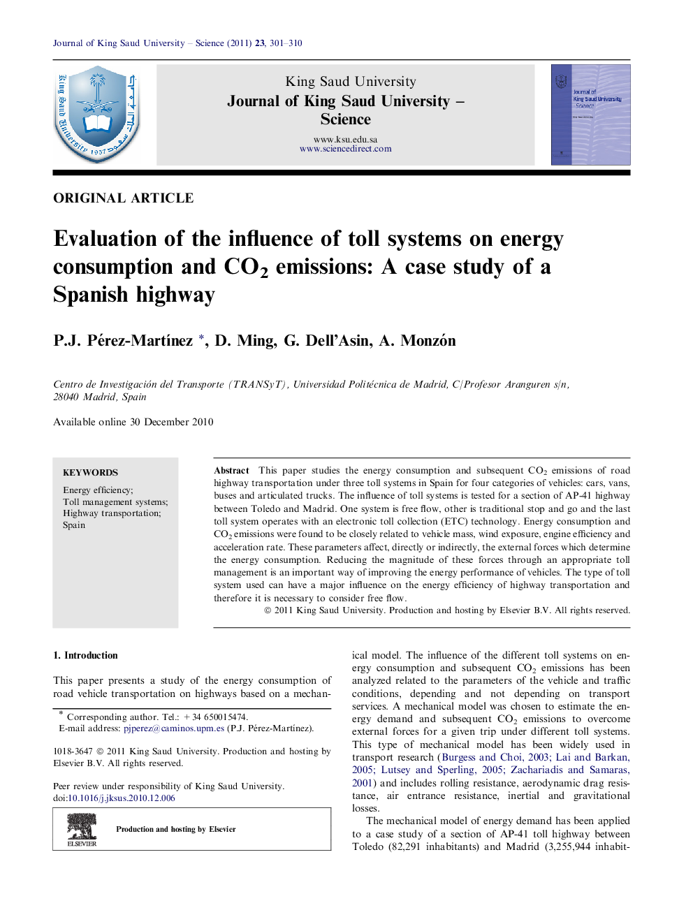 عکس صفحه اول مقاله: Evaluation of the influence of toll systems on energy consumption and CO2 emissions: A case study of a Spanish highway Evaluation of the influence of toll systems on energy consumption and CO2 emissions: A case study of a Spanish highway