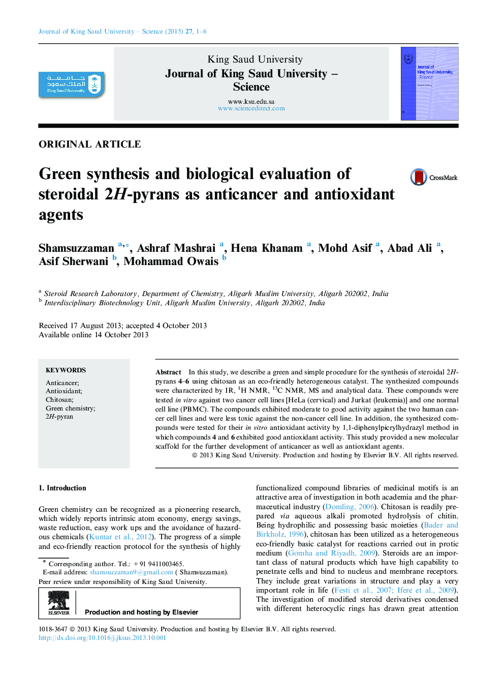 Green synthesis and biological evaluation of steroidal 2H-pyrans as anticancer and antioxidant agents 