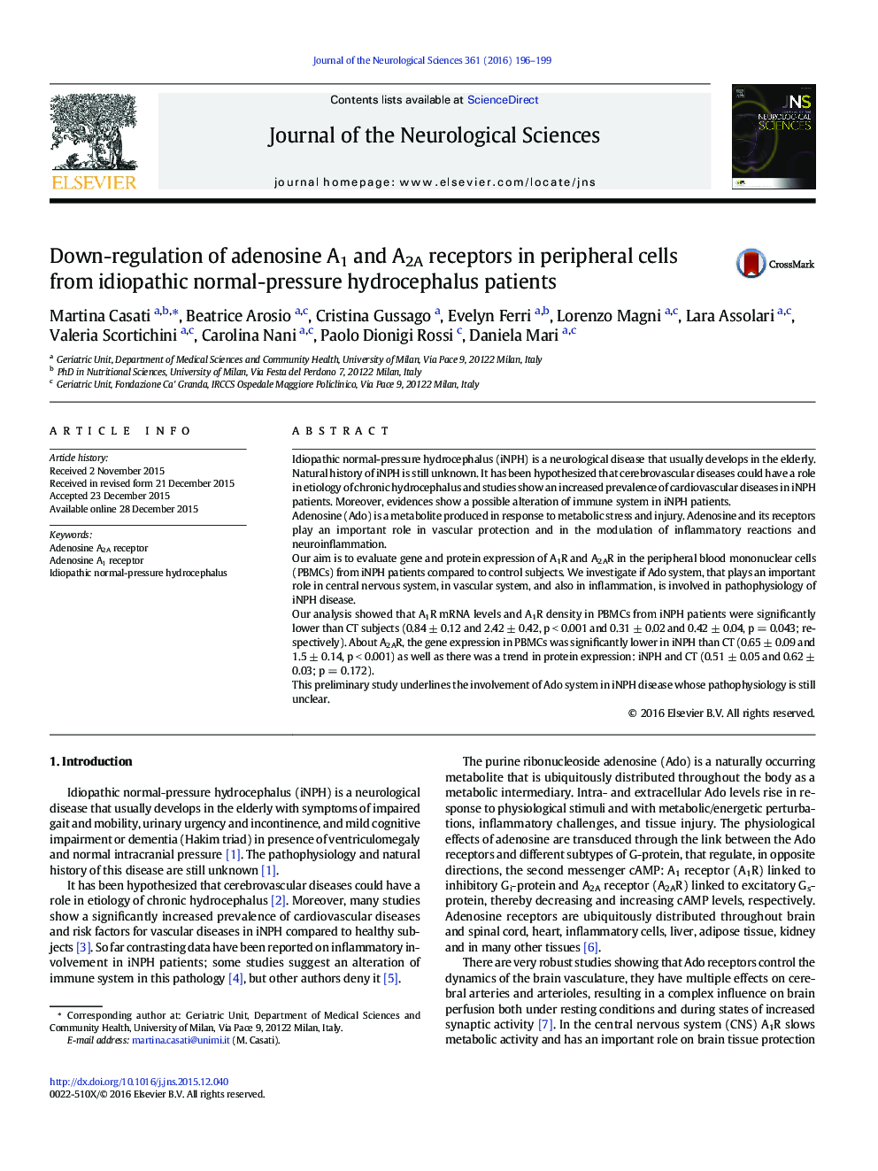 Down-regulation of adenosine A1 and A2A receptors in peripheral cells from idiopathic normal-pressure hydrocephalus patients