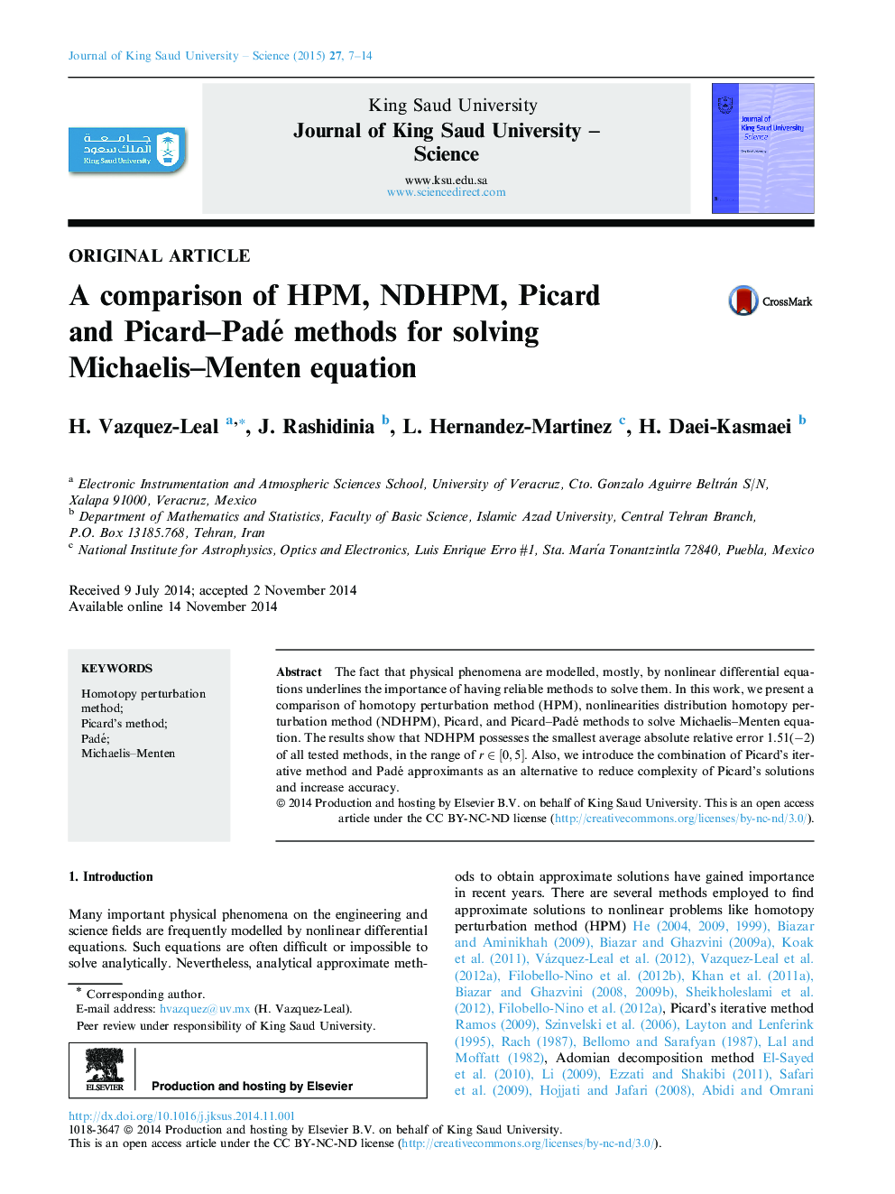 عکس صفحه اول مقاله: A comparison of HPM, NDHPM, Picard and Picard–Padé methods for solving Michaelis–Menten equation A comparison of HPM, NDHPM, Picard and Picard–Padé methods for solving Michaelis–Menten equation